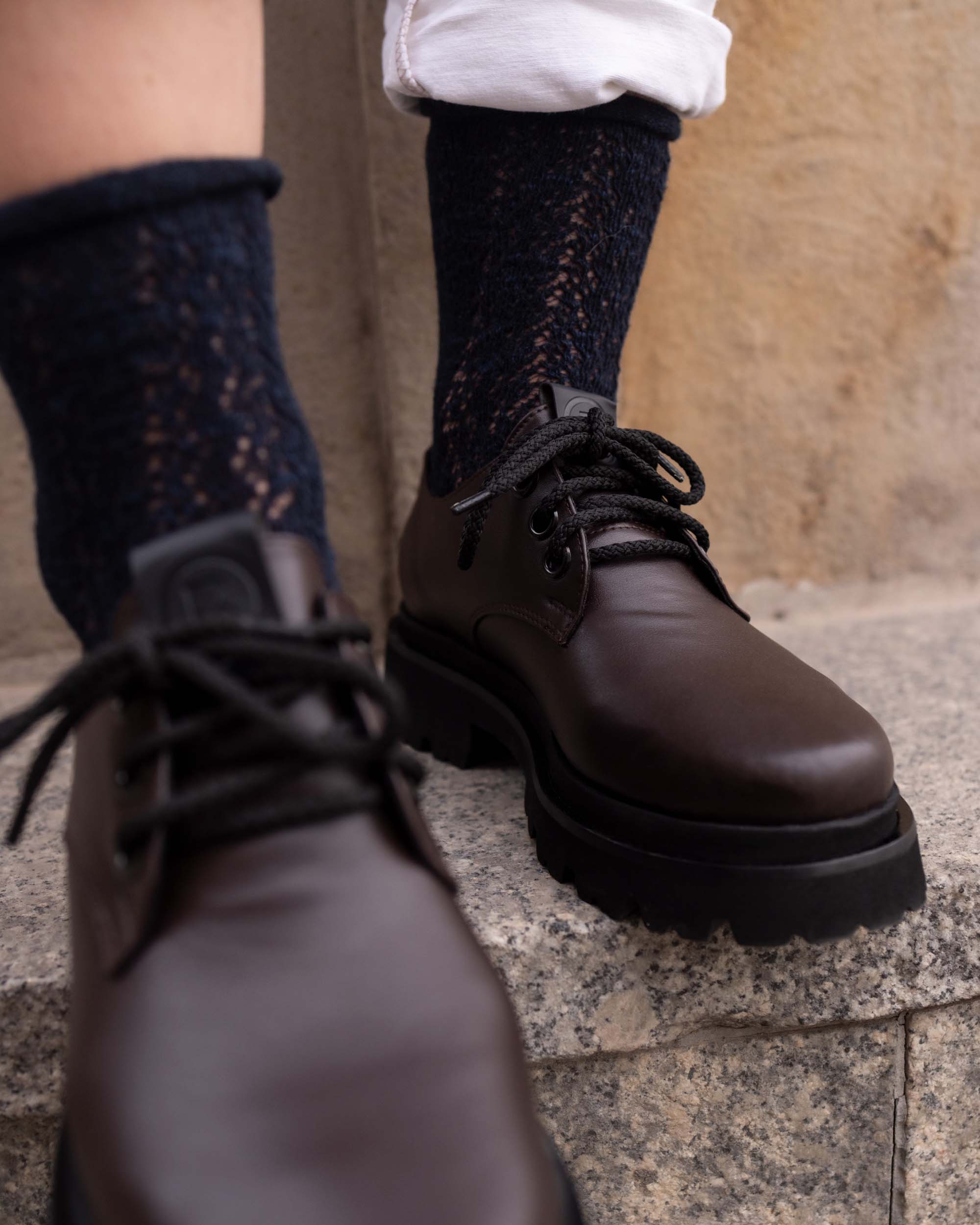 BOHEMA Chunky Derbs No. 2 in chocolate brown - side view of women's derby shoes