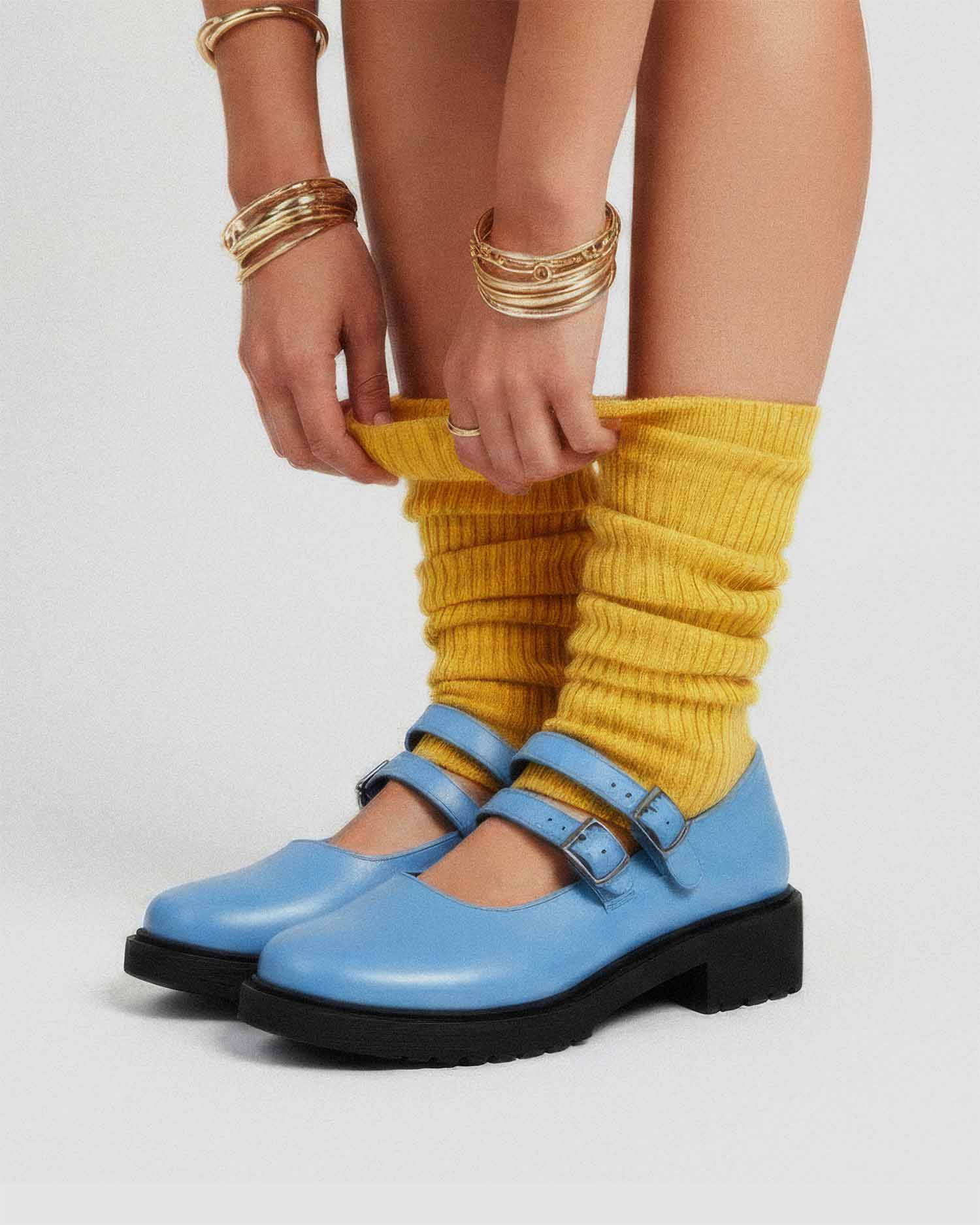Twin Mary Jane Baby Blue vegan corn leather ballerinas, front view