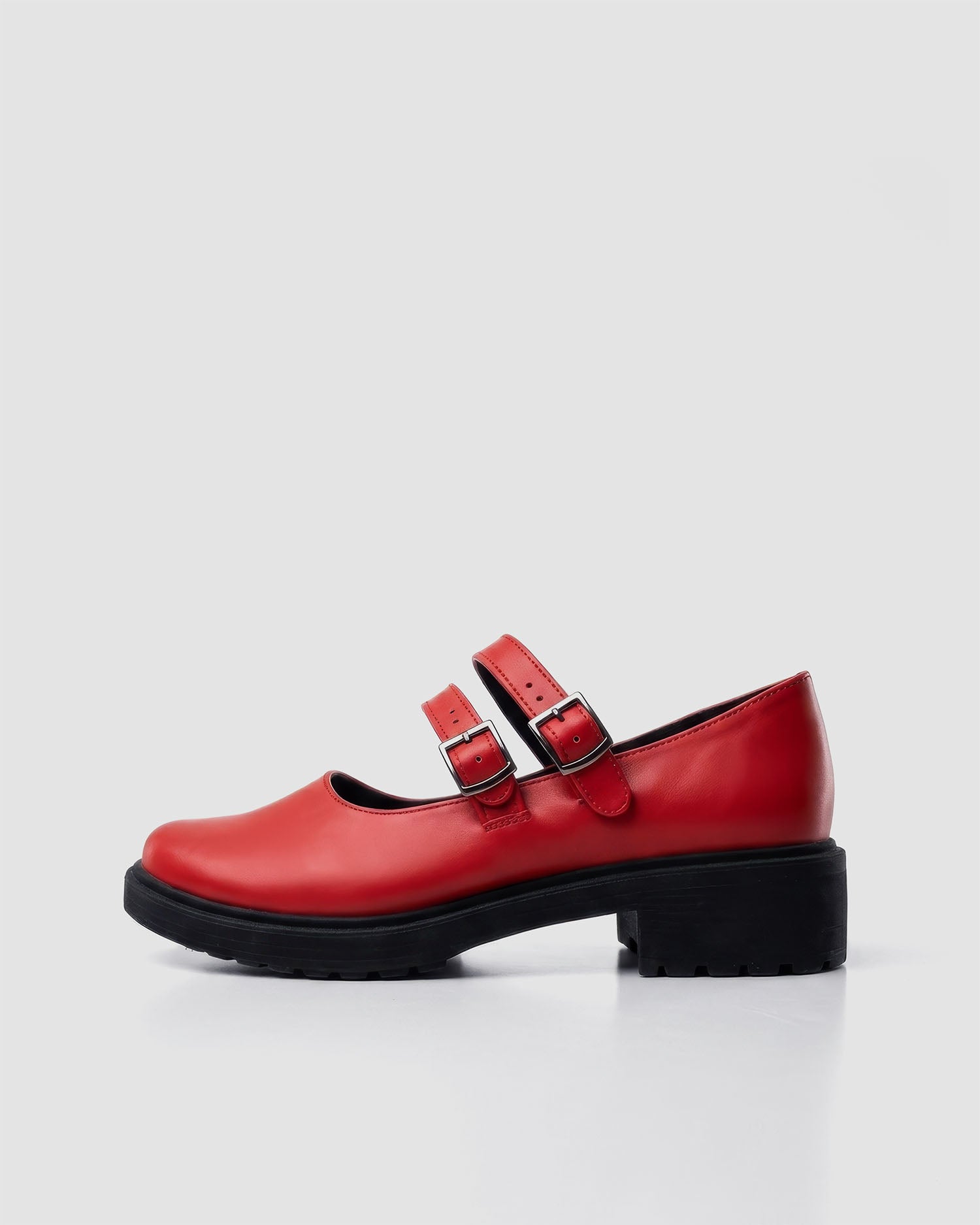 Twin Mary Jane BOHEMA red vegan corn leather ballerinas, on model front view