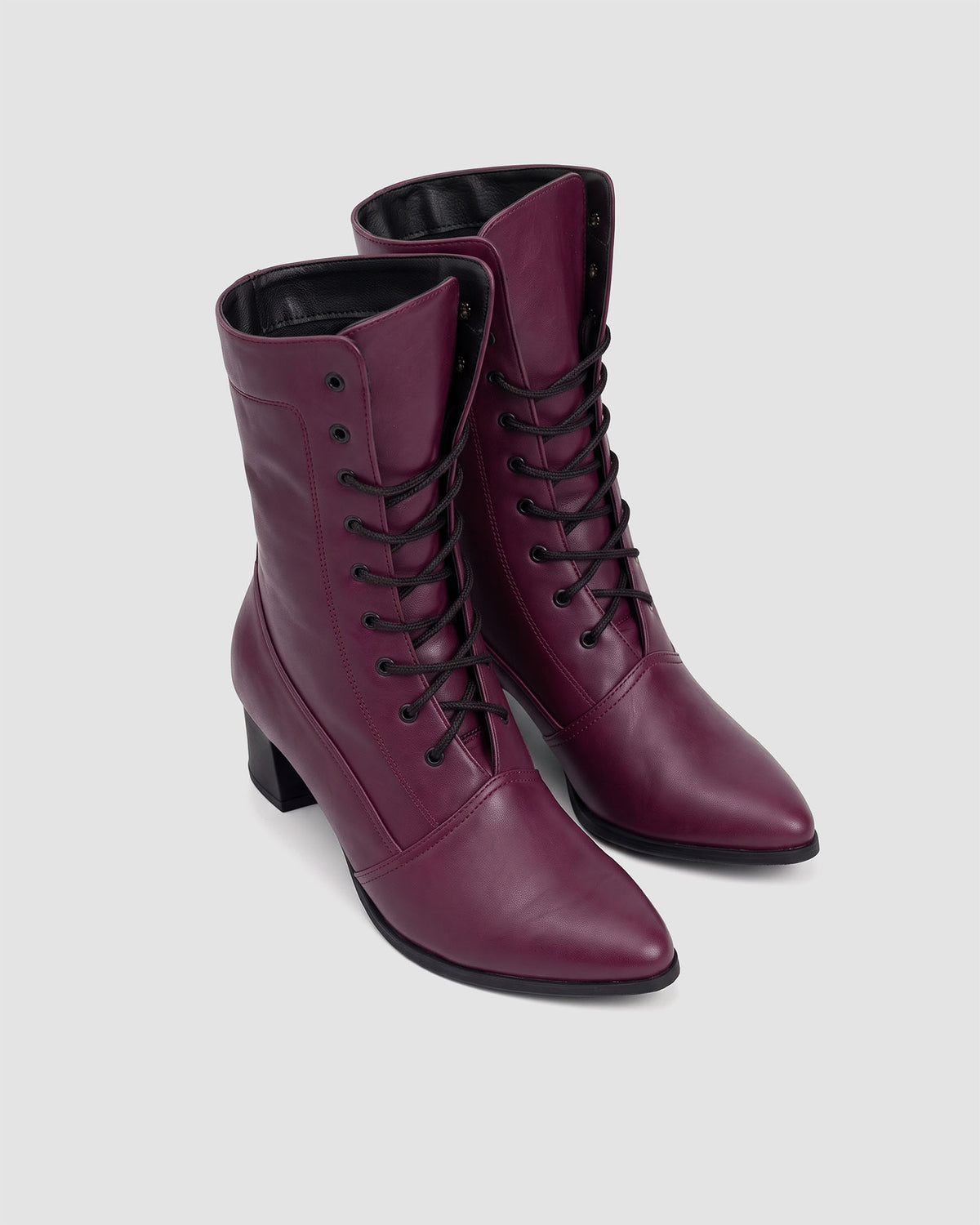 BOHEMA High Boots Burgundy - burgundy women's lace-up boots made from grape plant leather, pair, front view