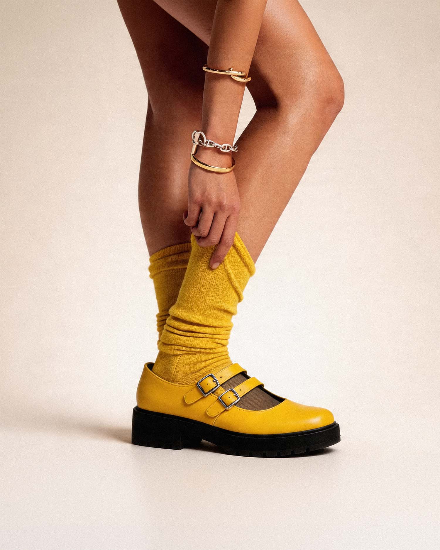 Twin Mary Jane Yellow vegan grape leather ballerinas, front view